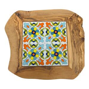 Arte Legno Handcrafted Live Edge Olive Wood & Ceramic Tile Serving Tray Platter